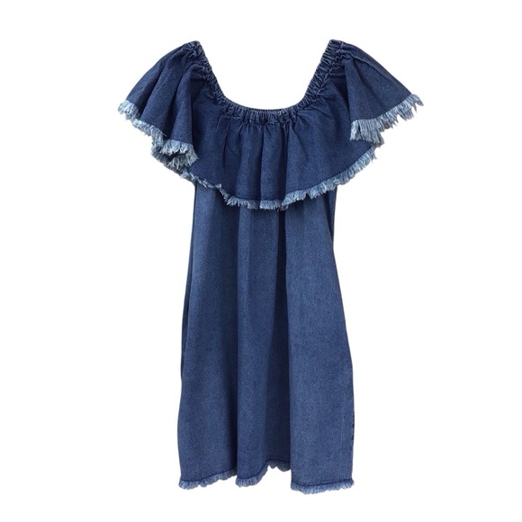 Umgee Blue Denim Fringed Ruffle Off Shoulder Dress Women’s Size Medium - Picture 5 of 10